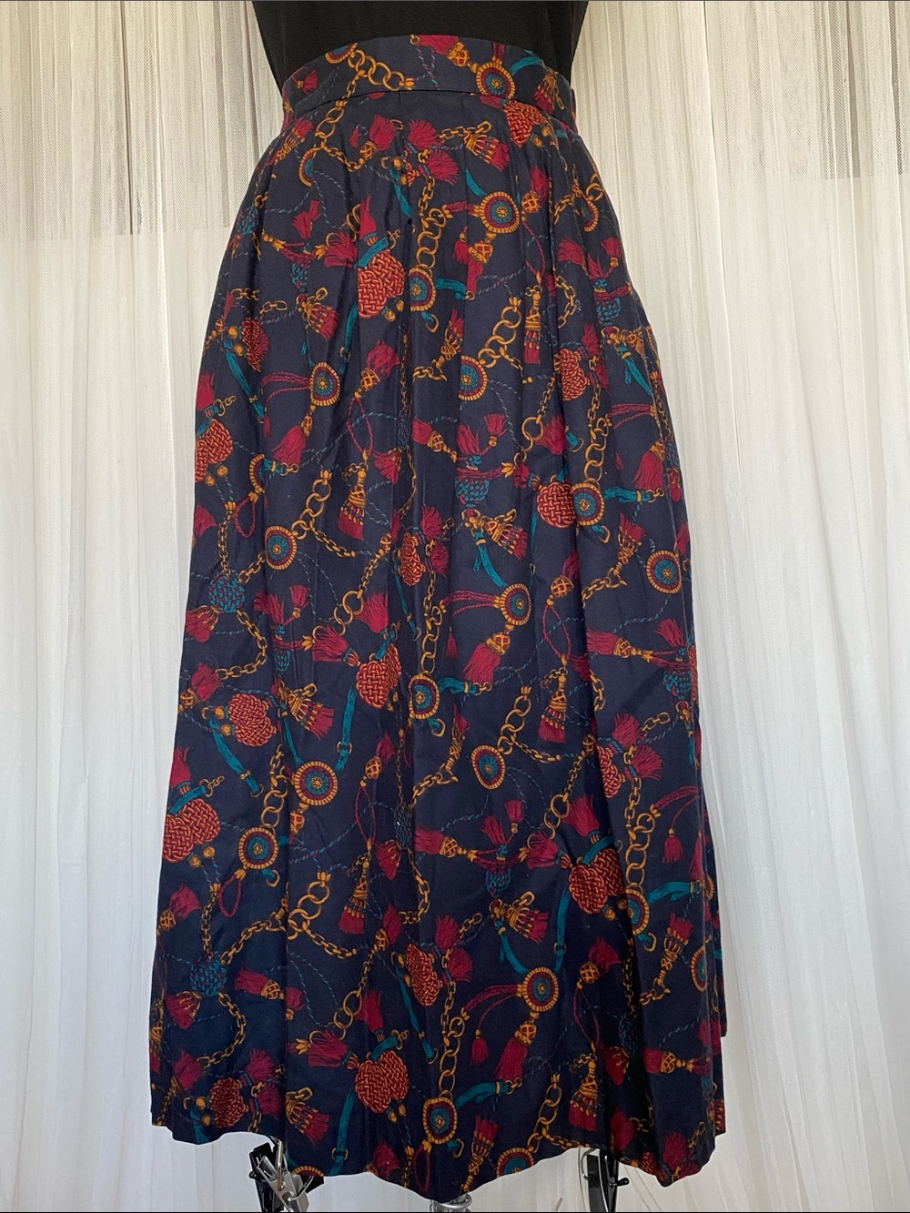 Vintage 80’s Breamar Navy Floral Chain Print Maxi Skirt 100% Cotton Size 14